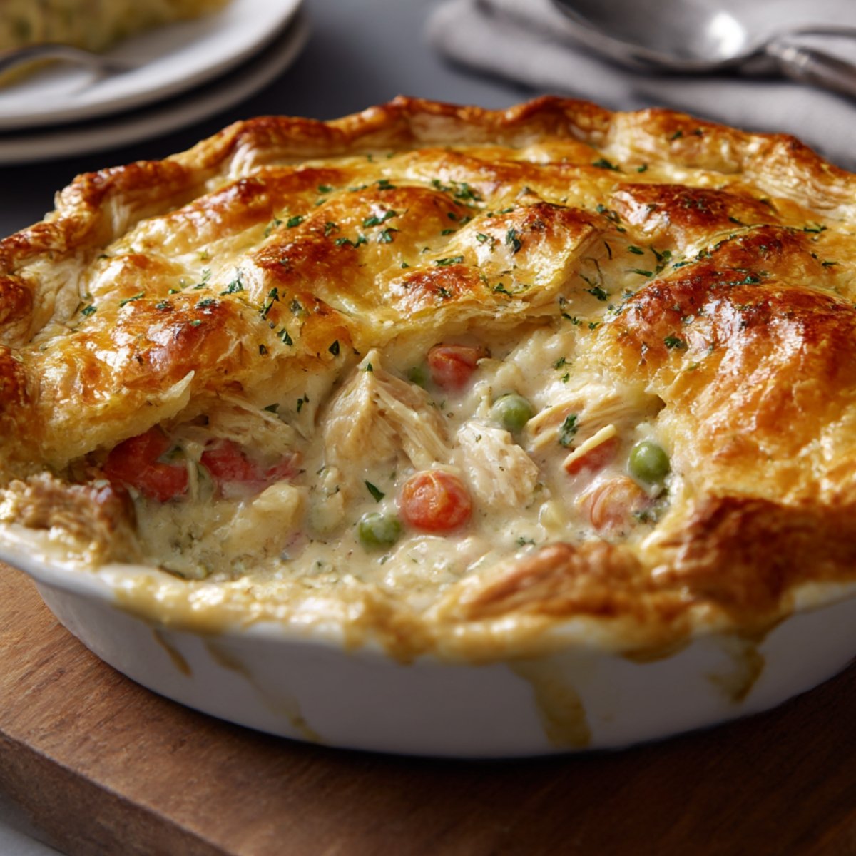 A freshly baked chicken pot pie in a white dish. The golden-brown puff pastry crust is flaky and slightly shiny, sprinkled with chopped parsley. The filling underneath, visible through a cut section, contains chunks of chicken, peas, and carrots in a creamy sauce.
