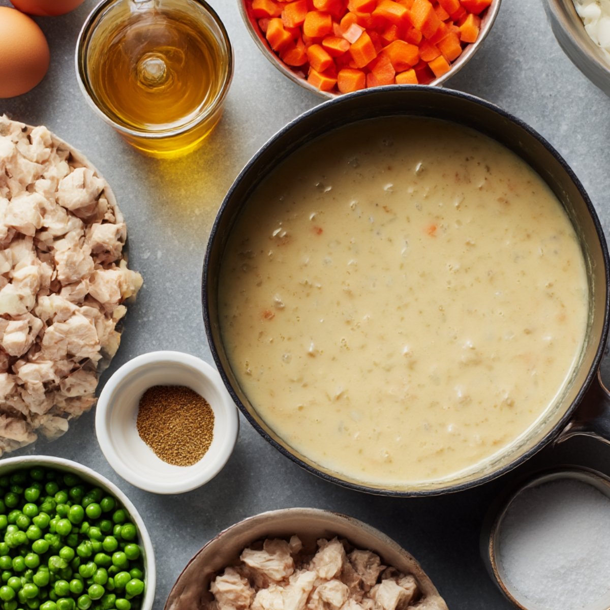 Ingredients for a chicken pot pie arranged on a gray surface: diced cooked chicken, diced carrots, green peas, a creamy sauce in a black bowl, a small bowl of seasoning, and a bowl of salt.