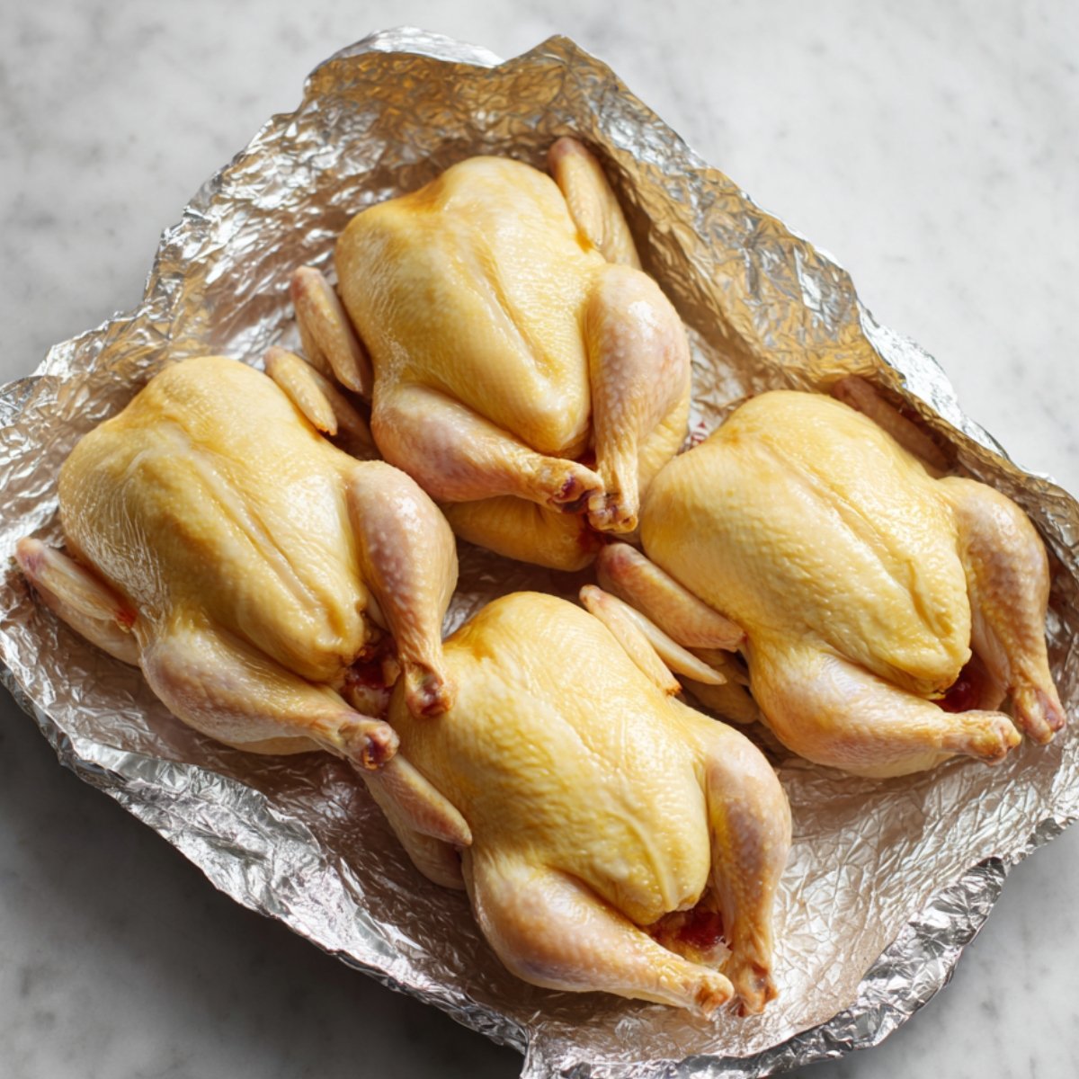 Fresh raw Cornish hens prepared for baking, placed on foil before seasoning.