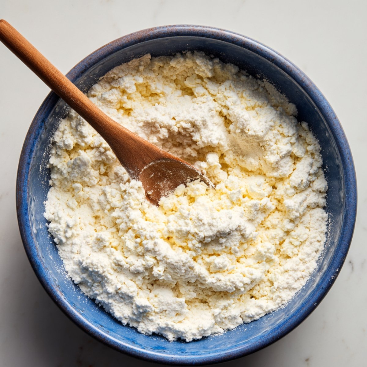 "Blue ceramic bowl filled with fresh cottage cheese and a wooden spoon."