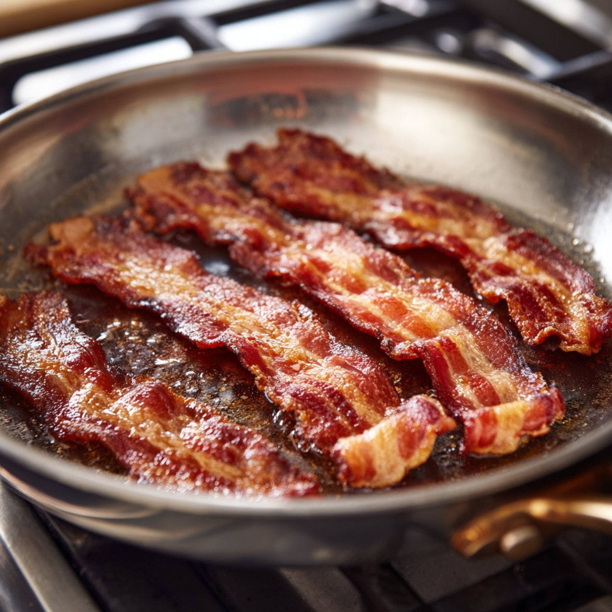 "Crispy bacon strips sizzling in a stainless steel frying pan over a gas stovetop."
