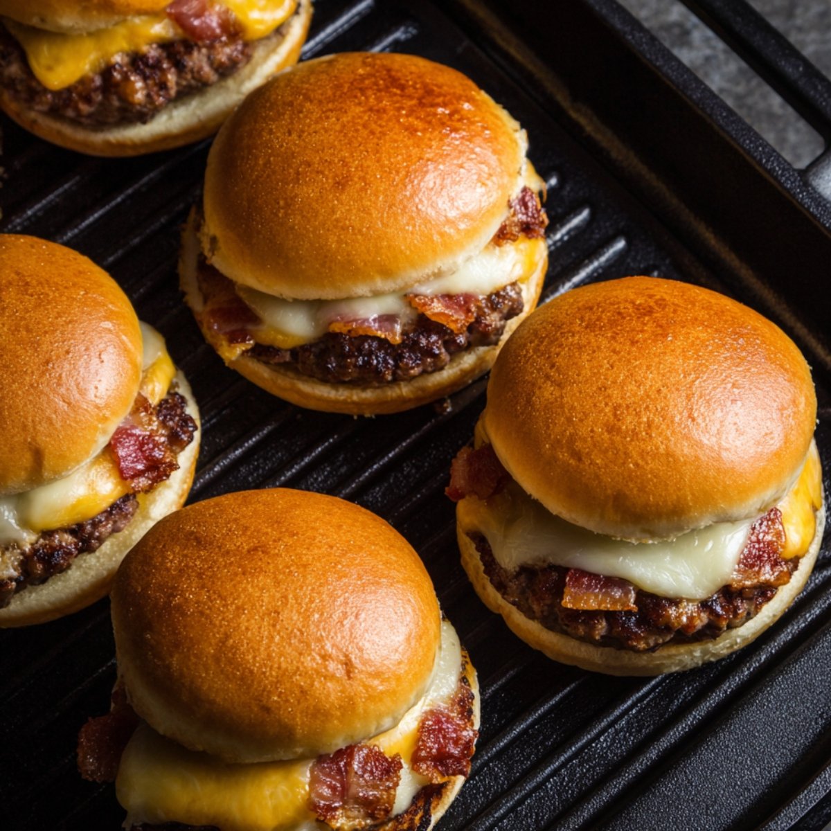 "Mini bacon cheeseburgers with melted cheese and crispy bacon on shiny golden buns, arranged on a black grill surface."