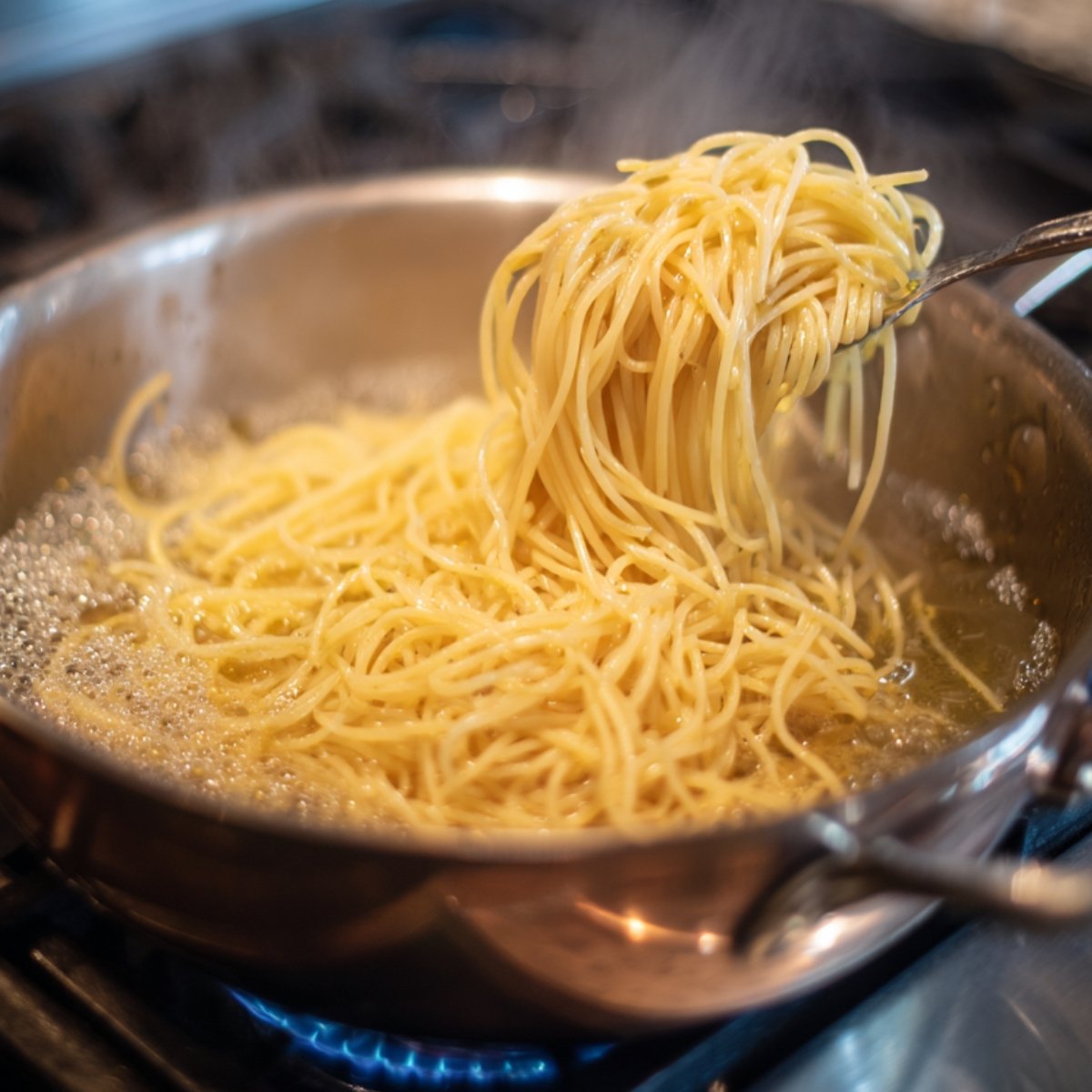 Cooked spaghetti being lifted from boiling water in a stainless steel pan.