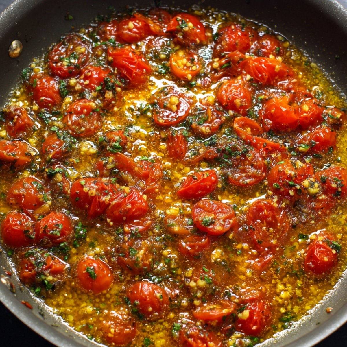 Roasted cherry tomatoes simmering in olive oil with garlic and herbs in a skillet.
