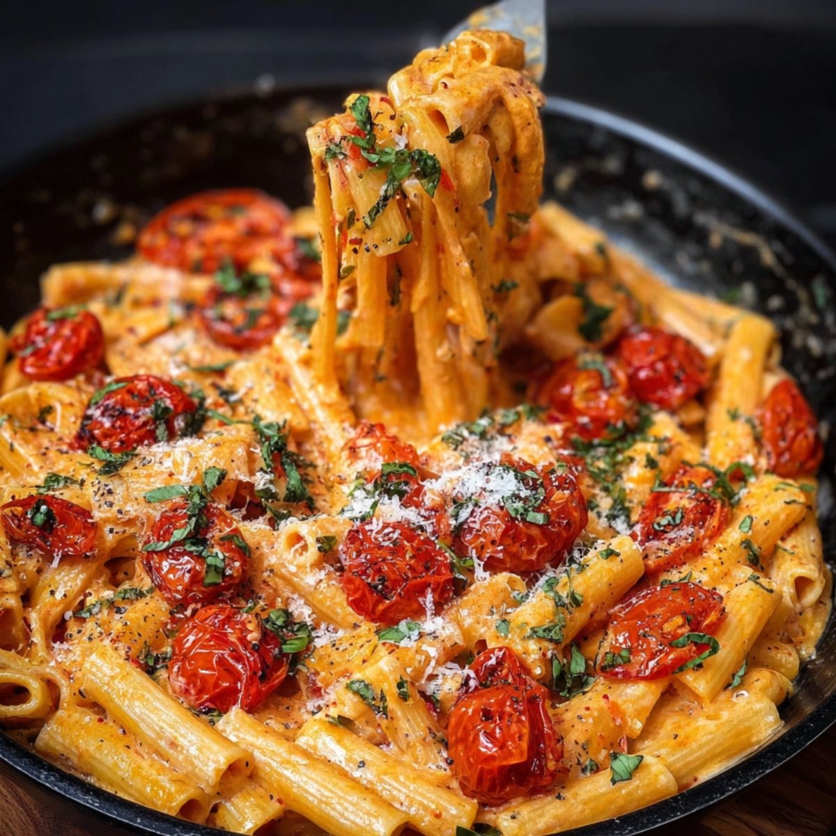 Creamy tomato pasta being lifted with a fork from a skillet, garnished with cherry tomatoes, herbs, and grated cheese.