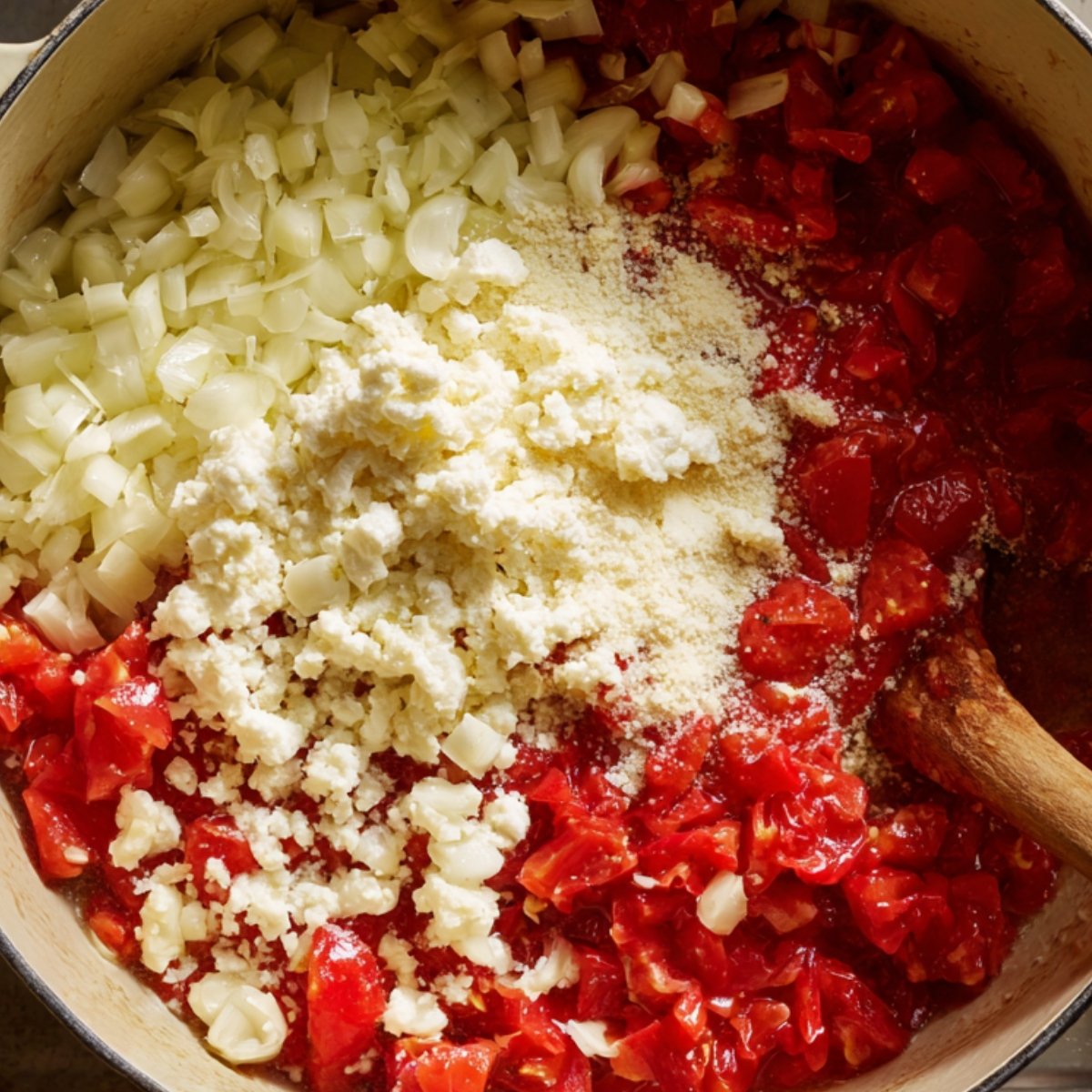 Chopped onions, tomatoes, and a mix of cheeses in a pot, ready to be cooked into a sauce.