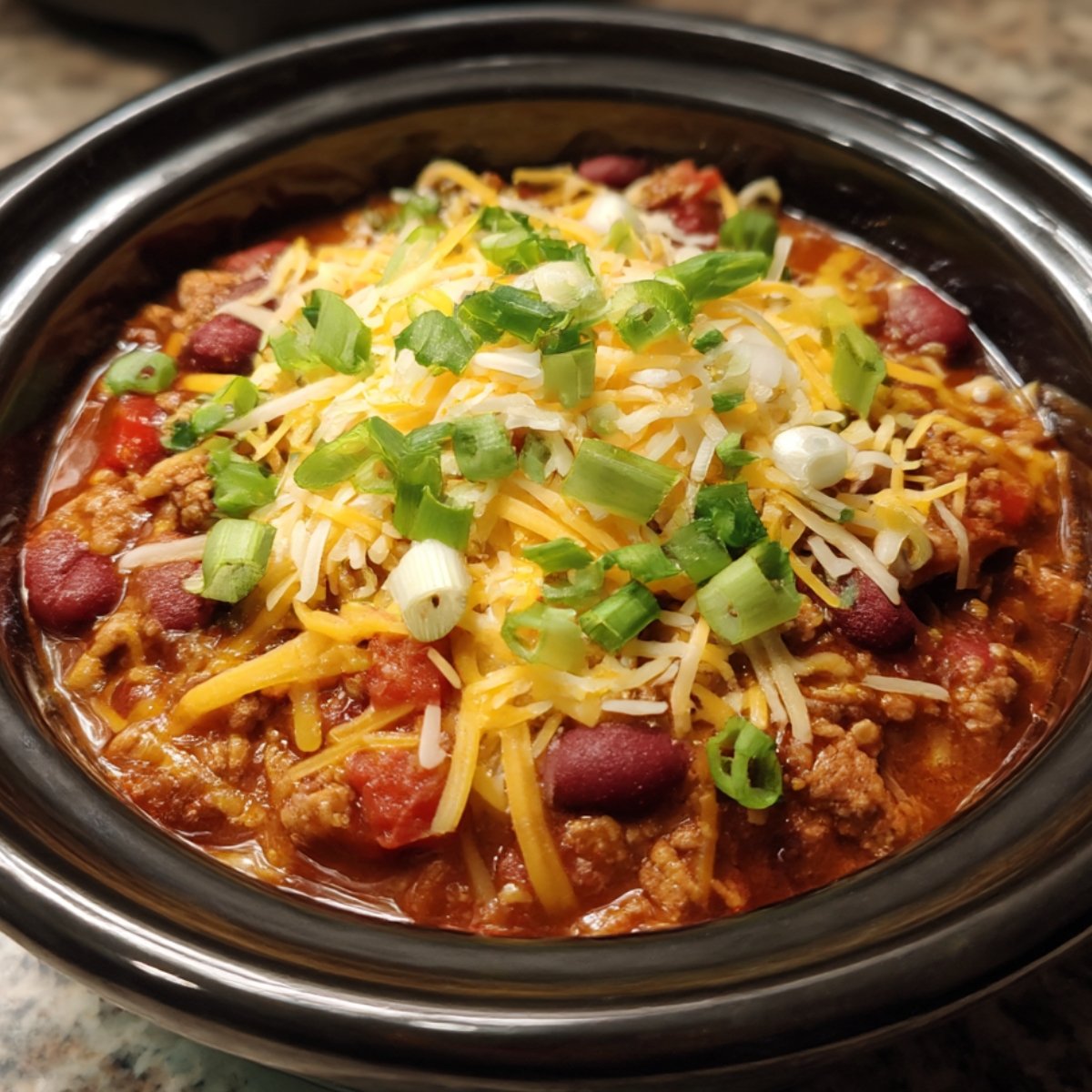 A bowl of homemade chili with ground beef, kidney beans, shredded cheddar cheese, and green onions as garnish.