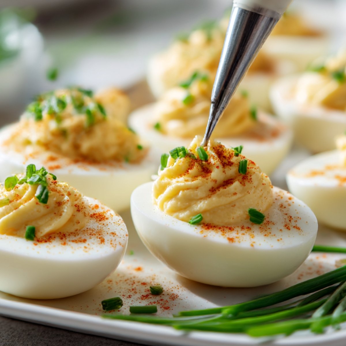 Close-up of deviled eggs on a platter, with piped yolk filling being decorated with chopped chives and a dusting of paprika.