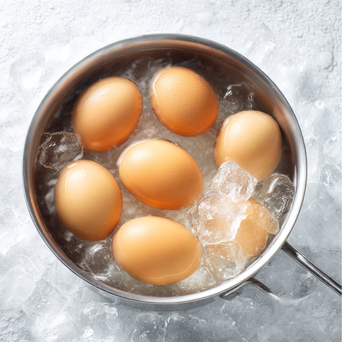 Hard-boiled eggs in their shells cooling in a bowl of ice water, helping to make peeling easier.