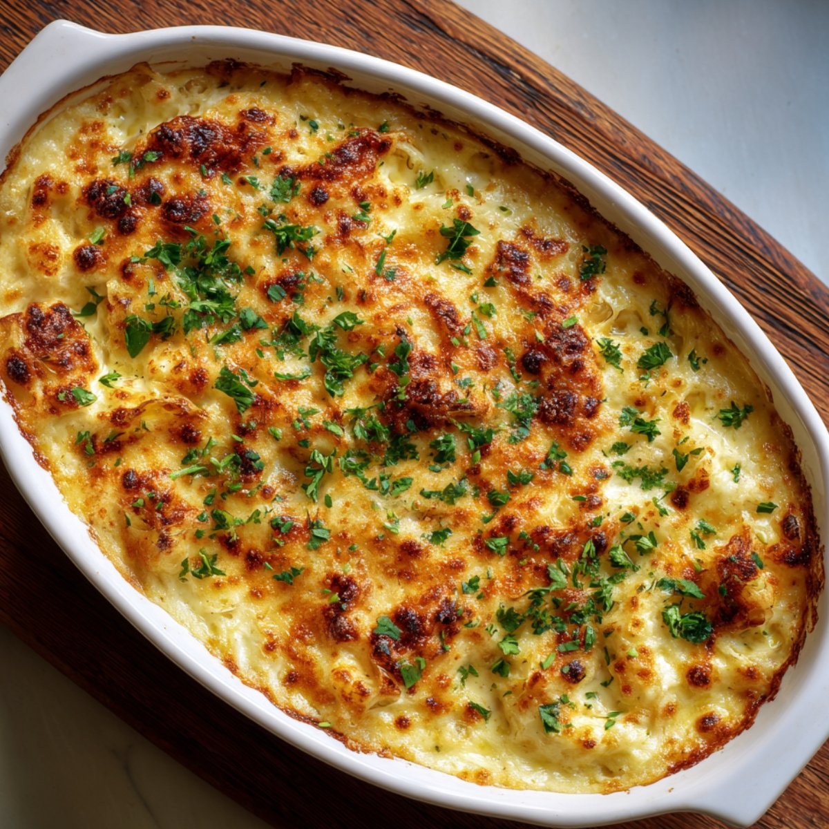 Golden-brown baked eggs benedict casserole topped with melted cheese and fresh parsley in a white baking dish.