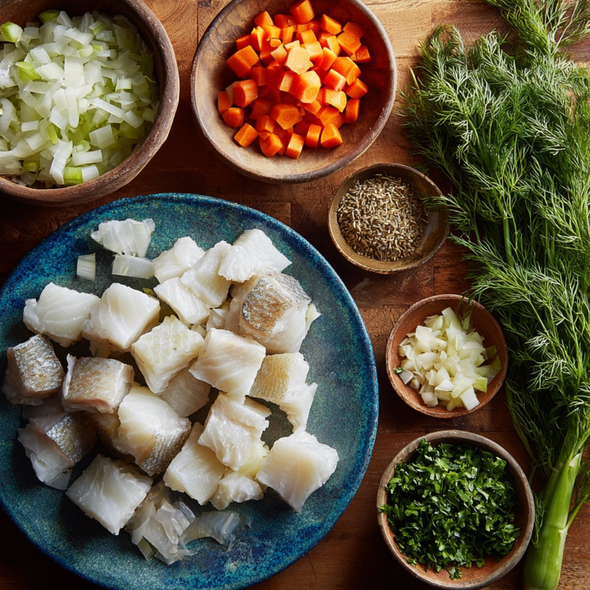 A wooden table with prepared fish soup ingredients including diced white fish, chopped carrots, onions, herbs, and seasonings arranged in bowls.
