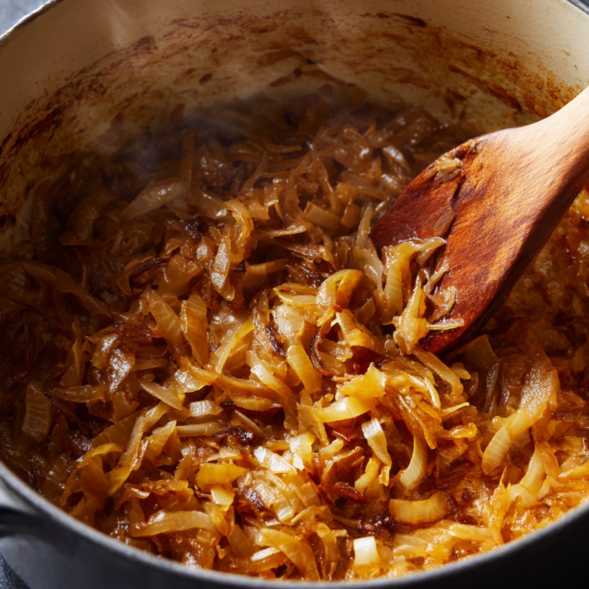 Caramelized onions cooking in a heavy pot with a wooden spoon stirring, golden brown and glossy.