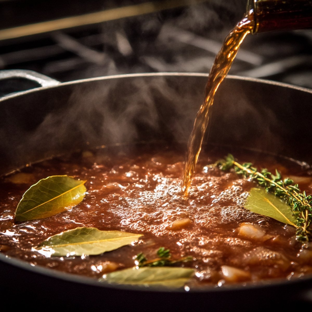 Beef broth being poured into a pot with onions, bay leaves, and thyme simmering to build rich French onion soup flavor.