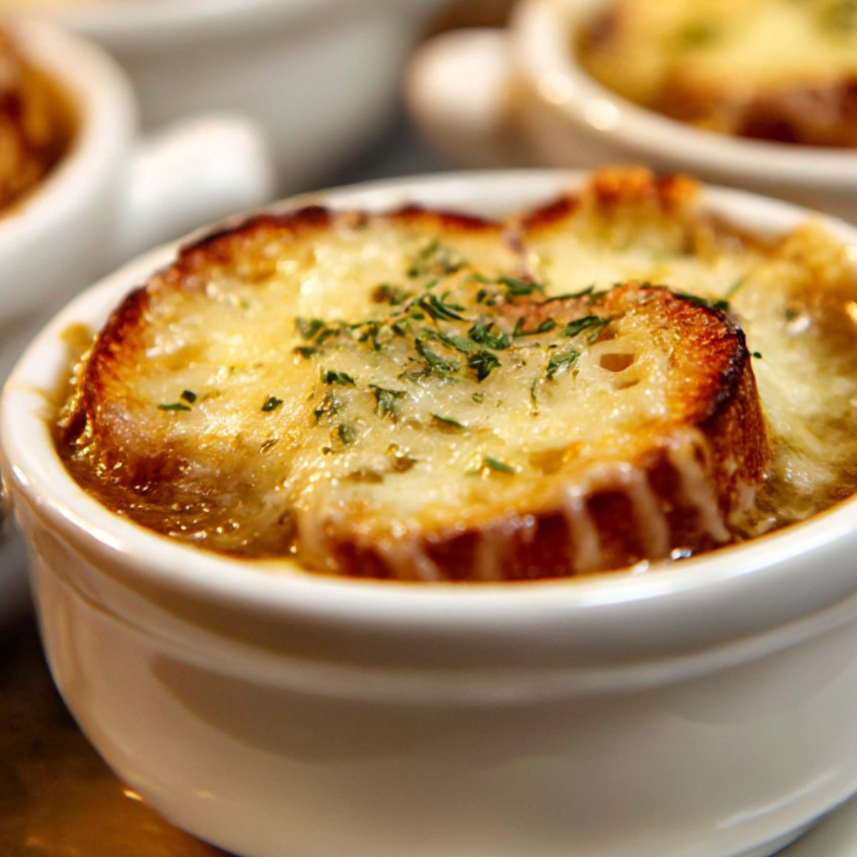 Close-up of French onion soup in a white ramekin, topped with toasted bread and melted golden cheese sprinkled with fresh herbs.