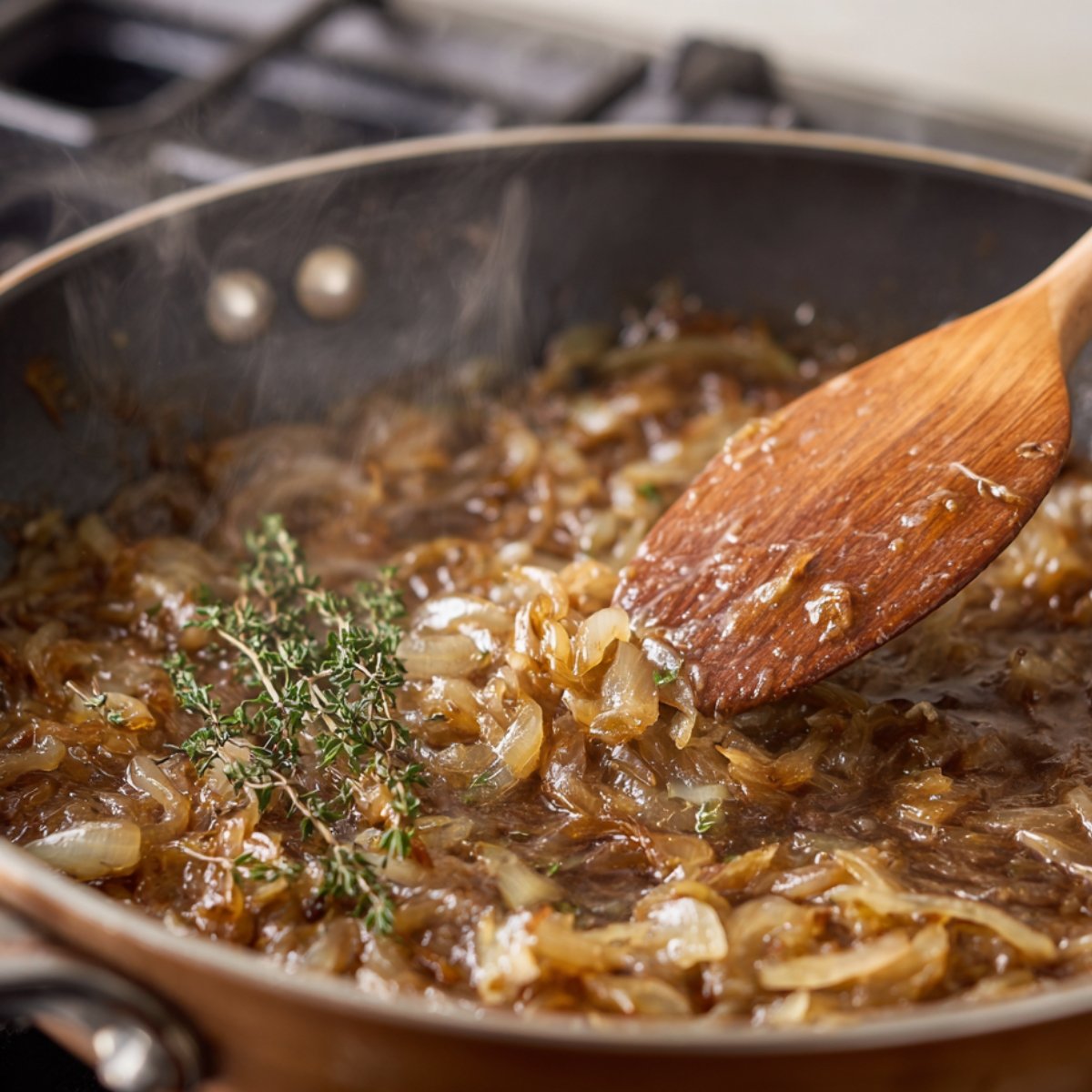 Onions slowly caramelizing in butter with fresh thyme sprigs, stirred with a wooden spoon.