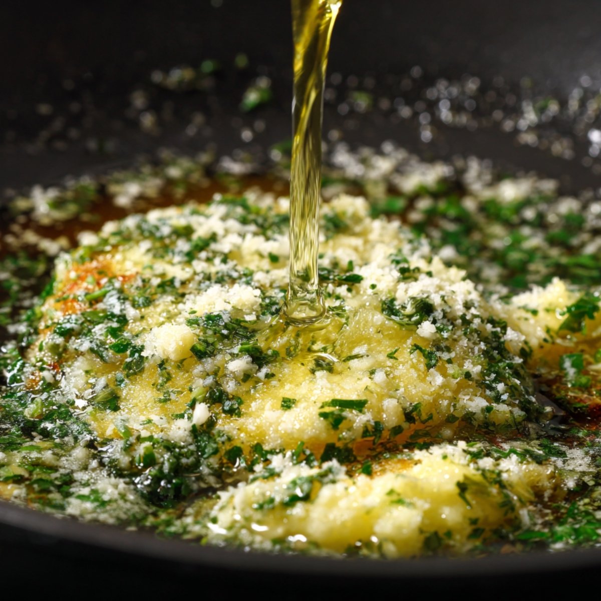Close-up of garlic butter with herbs, parmesan, and oil sizzling together in a pan to make the garlic parmesan glaze.