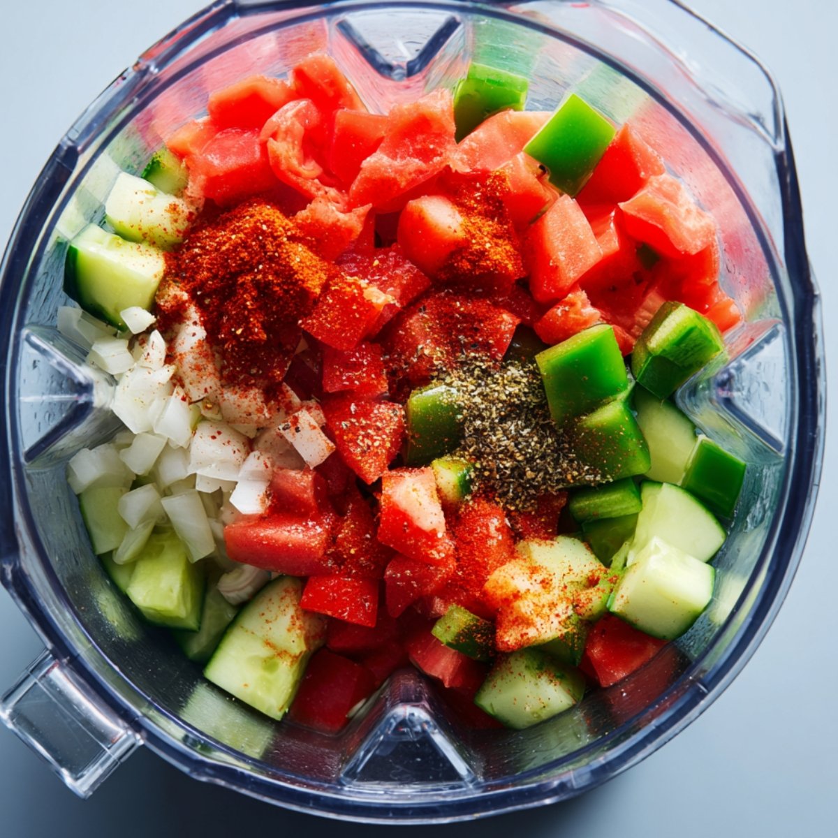 "Fresh chopped vegetables including tomatoes, cucumbers, green bell peppers, onions, garlic, and spices inside a blender jar before blending."