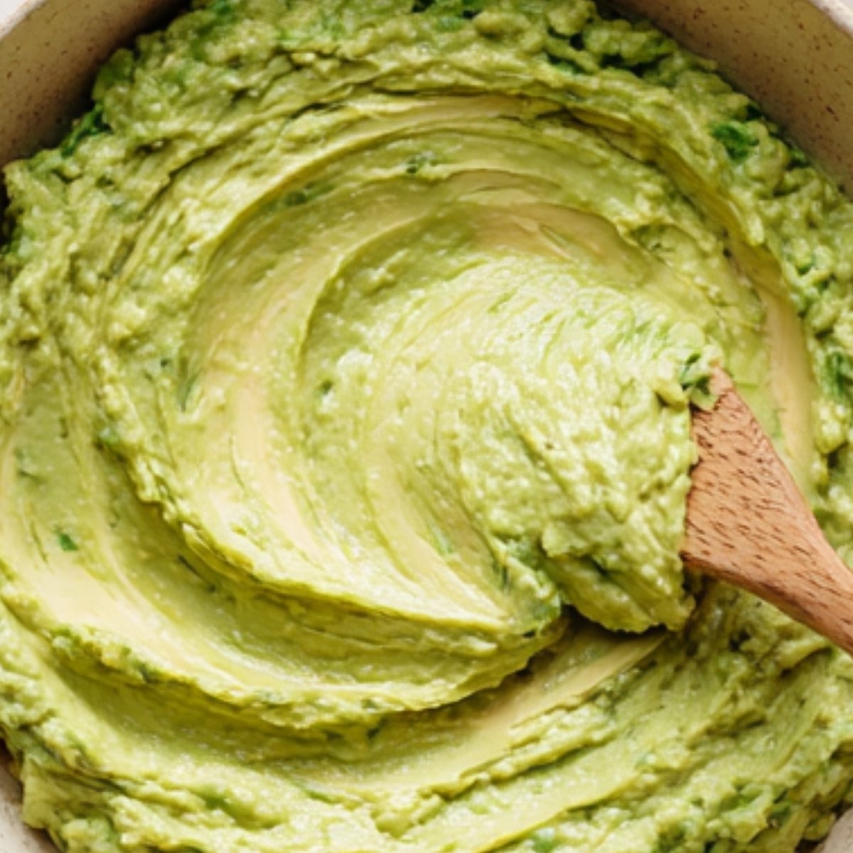 A creamy bowl of mashed avocado being stirred with a wooden spoon, smooth and uniform in texture.