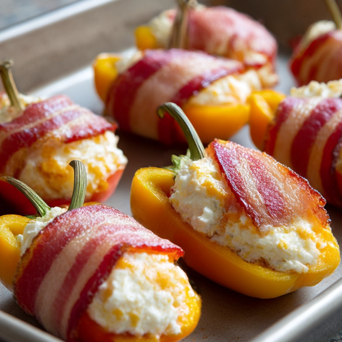 Mini bell peppers halved and stuffed with cream cheese filling, wrapped in strips of raw bacon, arranged on a baking tray ready to cook.