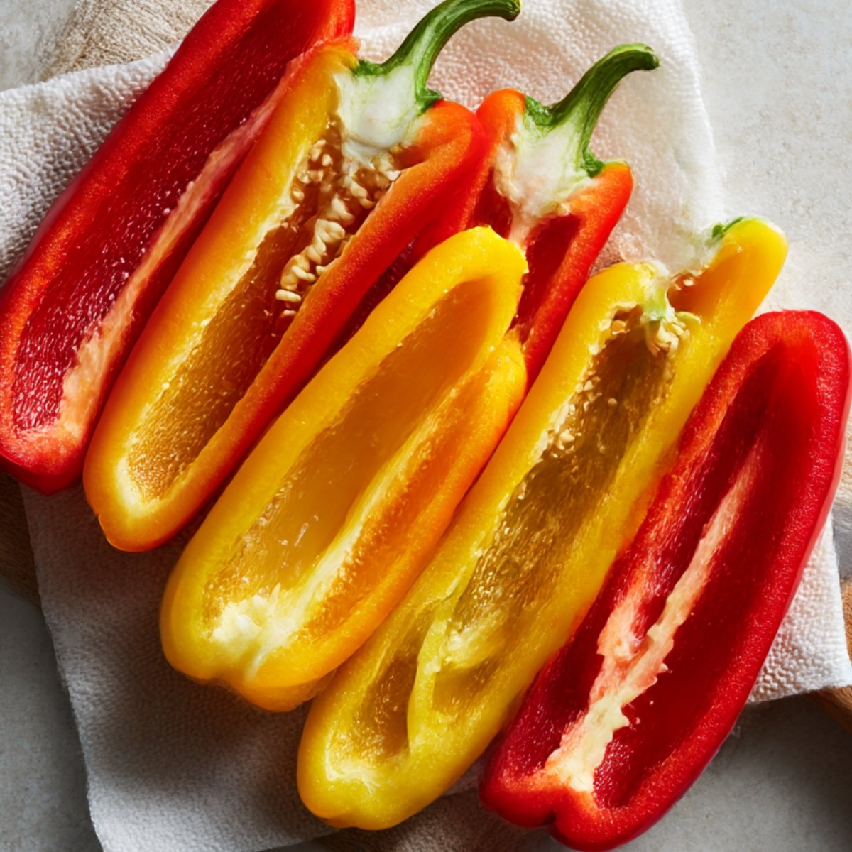 Halved red and yellow bell peppers cleaned and deseeded, arranged on a towel with stems still attached.
