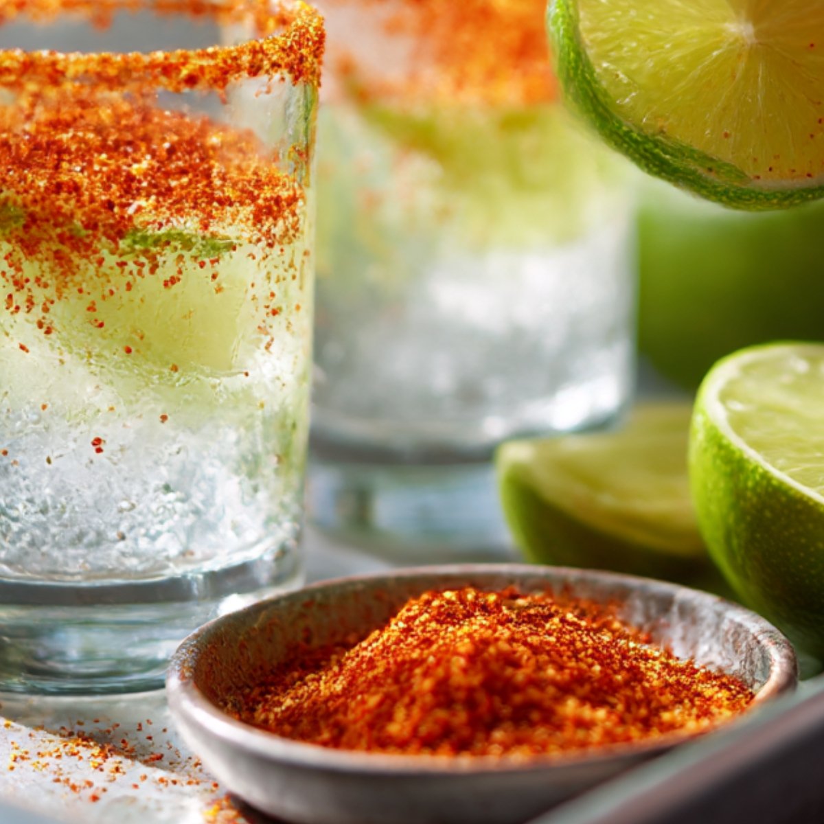 Cocktail glasses rimmed with Tajín and lime, with fresh lime wedges and a dish of chili seasoning in the foreground.