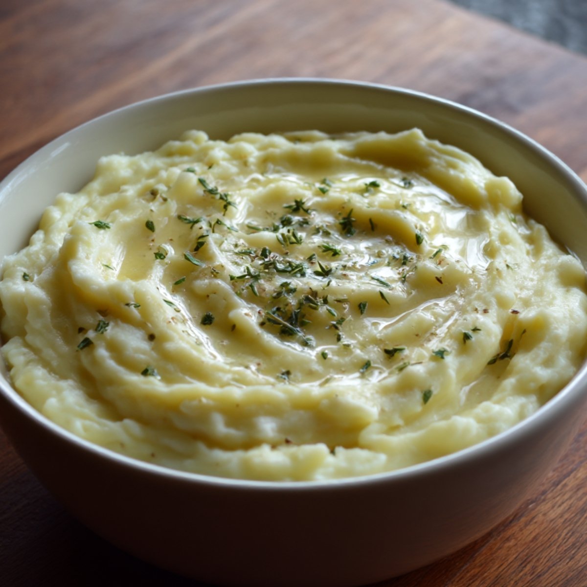 A creamy bowl of mashed potatoes with a swirl of butter and a sprinkle of herbs on top.