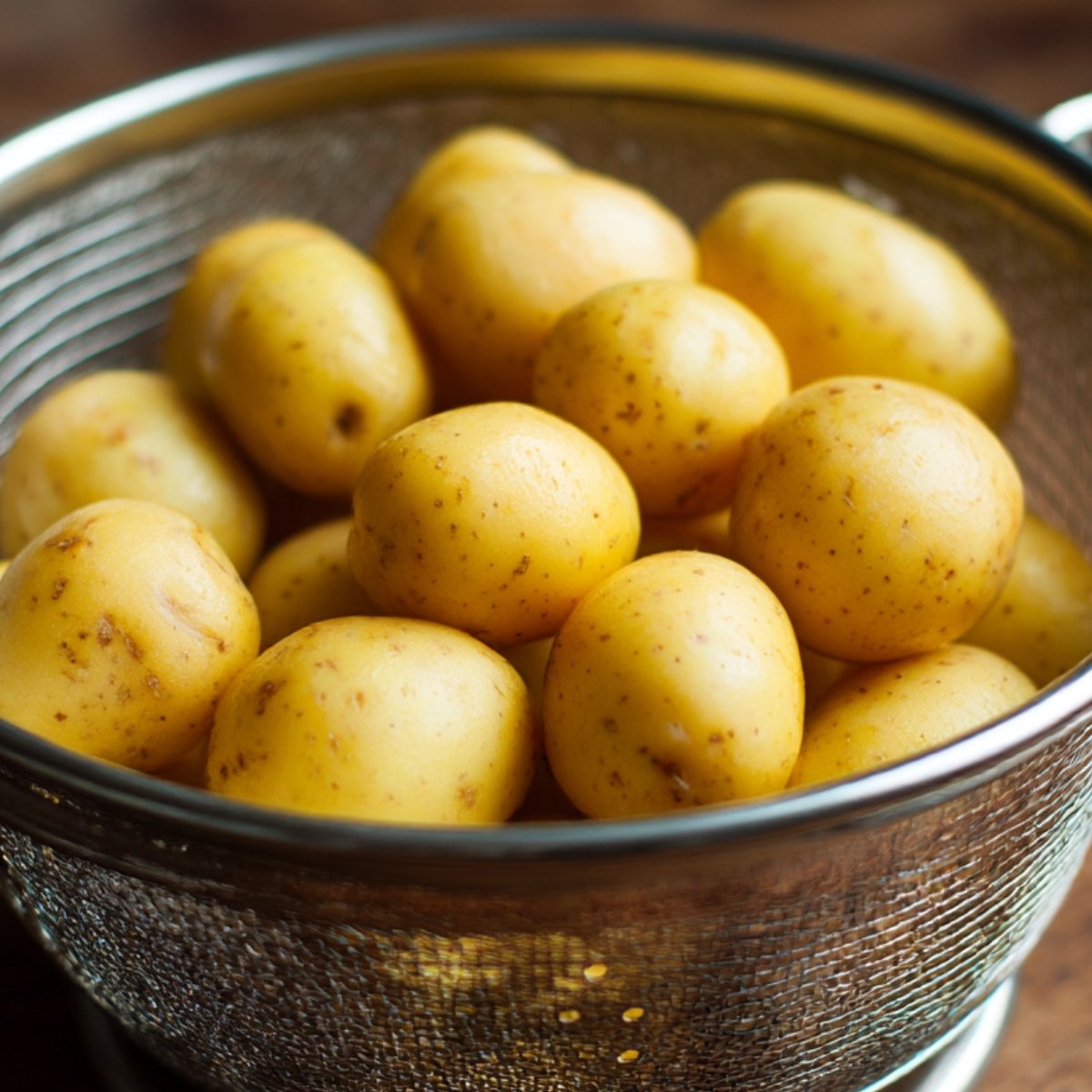Small golden potatoes in a metal colander, freshly washed and ready to be cooked.
