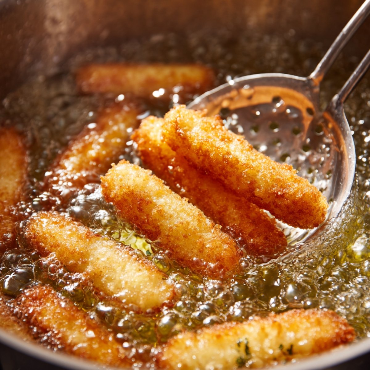 Mozzarella sticks being deep-fried in hot oil in a pot, with a slotted spoon lifting some of the crispy golden sticks from the bubbling oil.