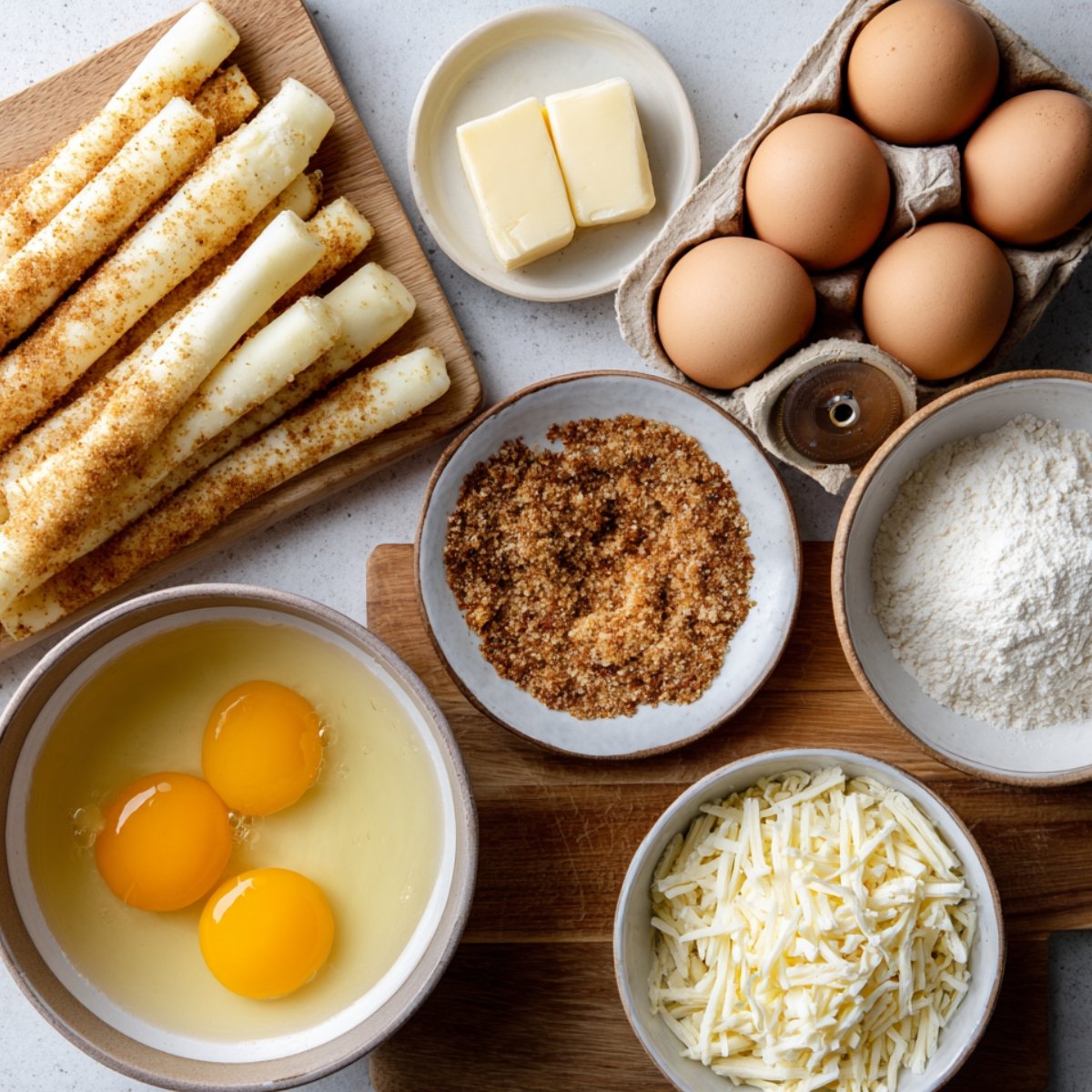 A top-down view of ingredients laid out for making mozzarella sticks, including cheese sticks, shredded cheese, flour, breadcrumbs, butter, and eggs.