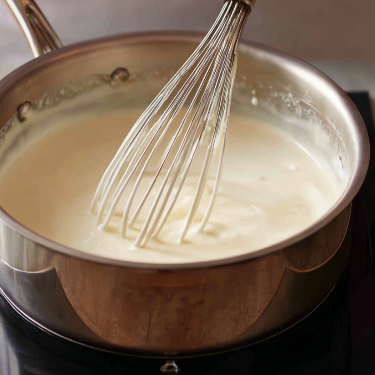 A saucepan with creamy white sauce being whisked until smooth on the stove.