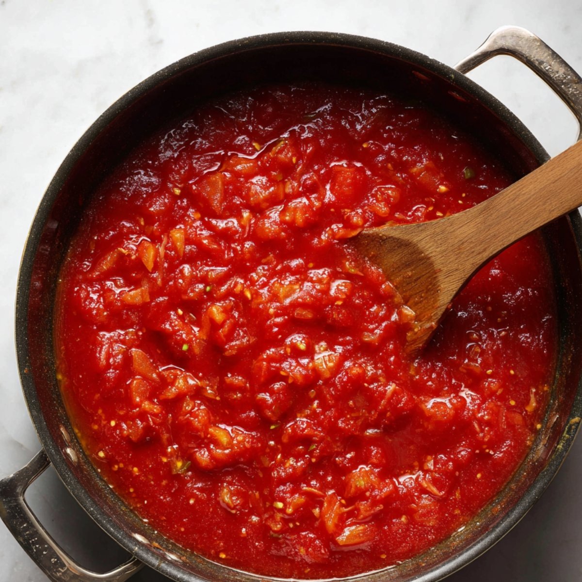 A skillet of simmering tomato sauce with chunks of tomato and onion, stirred with a wooden spoon.
