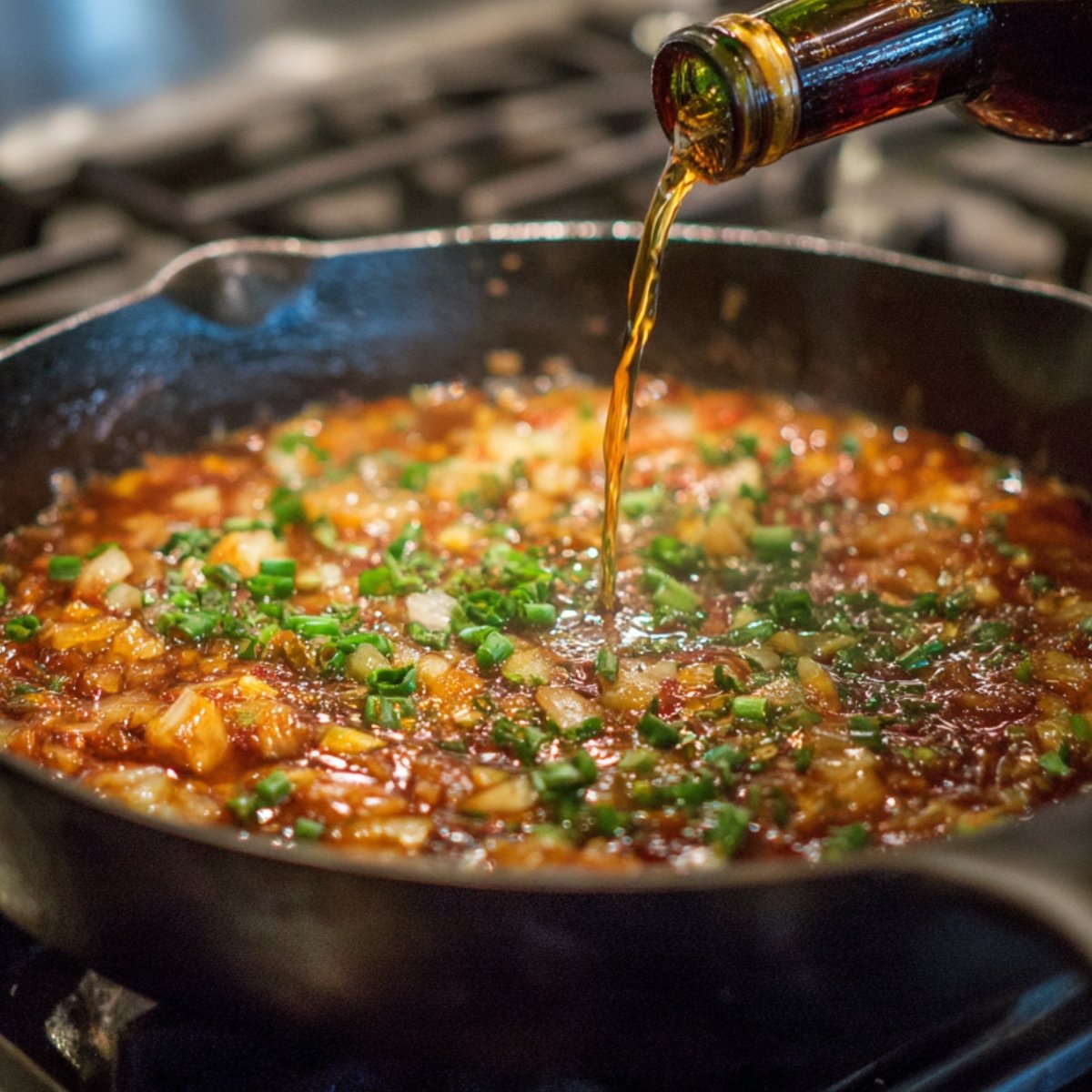 A cast-iron skillet with onions, herbs, and sauce simmering, as a stream of liquor (vodka or wine) is being poured in.