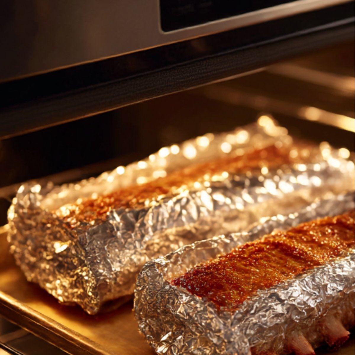 Foil-wrapped pork ribs placed on a baking sheet inside an oven during the slow-cooking process.
