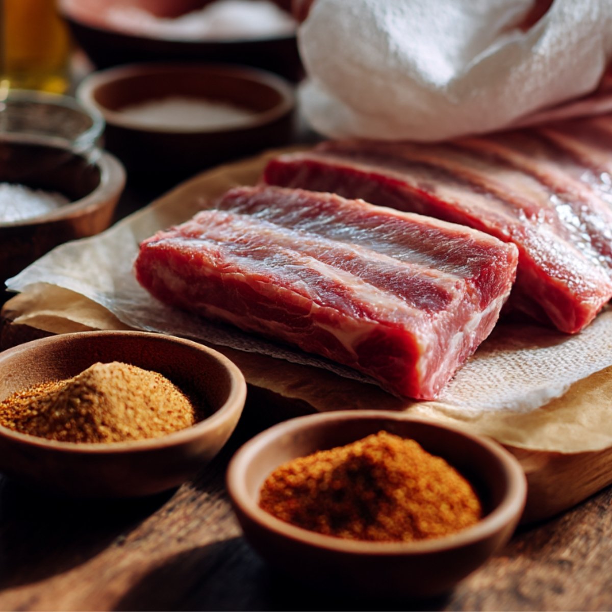 Raw pork ribs on parchment paper with a paper towel used to pat dry, surrounded by bowls of dry rub spices.
