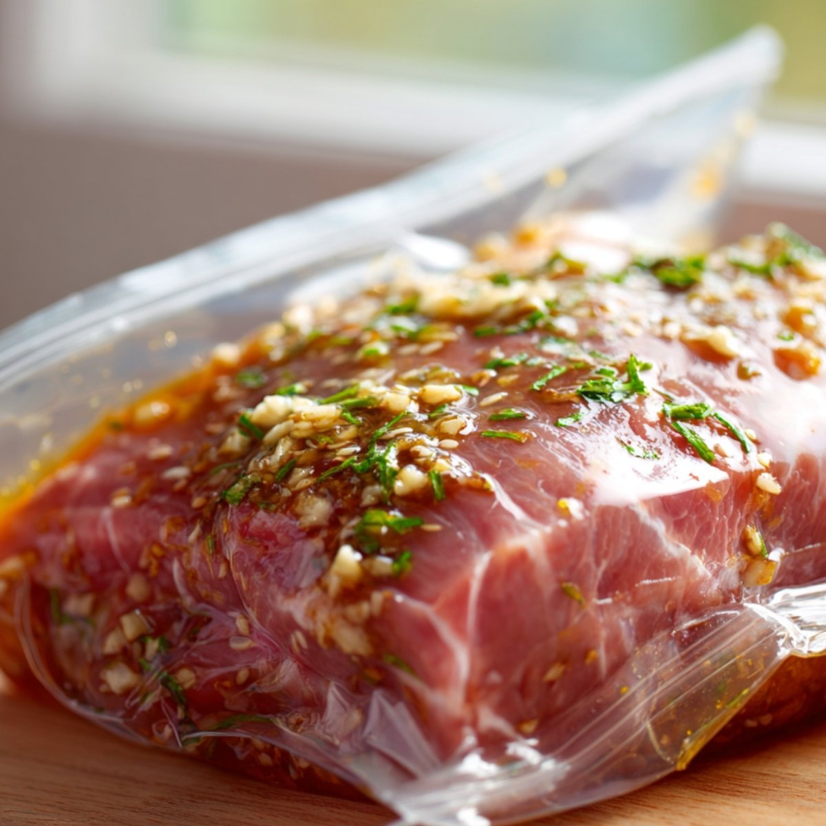 Raw pork tenderloin marinating in a clear plastic bag with herbs, garlic, and a flavorful sauce.