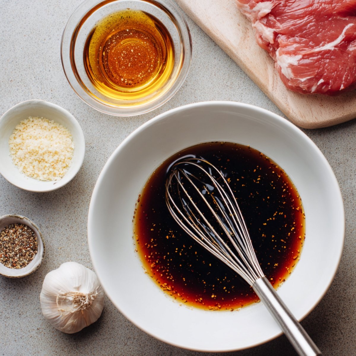 A bowl of marinade with a whisk, surrounded by ingredients including oil, garlic, black pepper, and raw pork tenderloin on a cutting board.