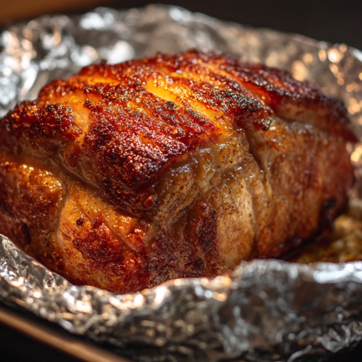 Juicy roasted pork shoulder with a crispy browned crust, sitting on foil-lined tray.