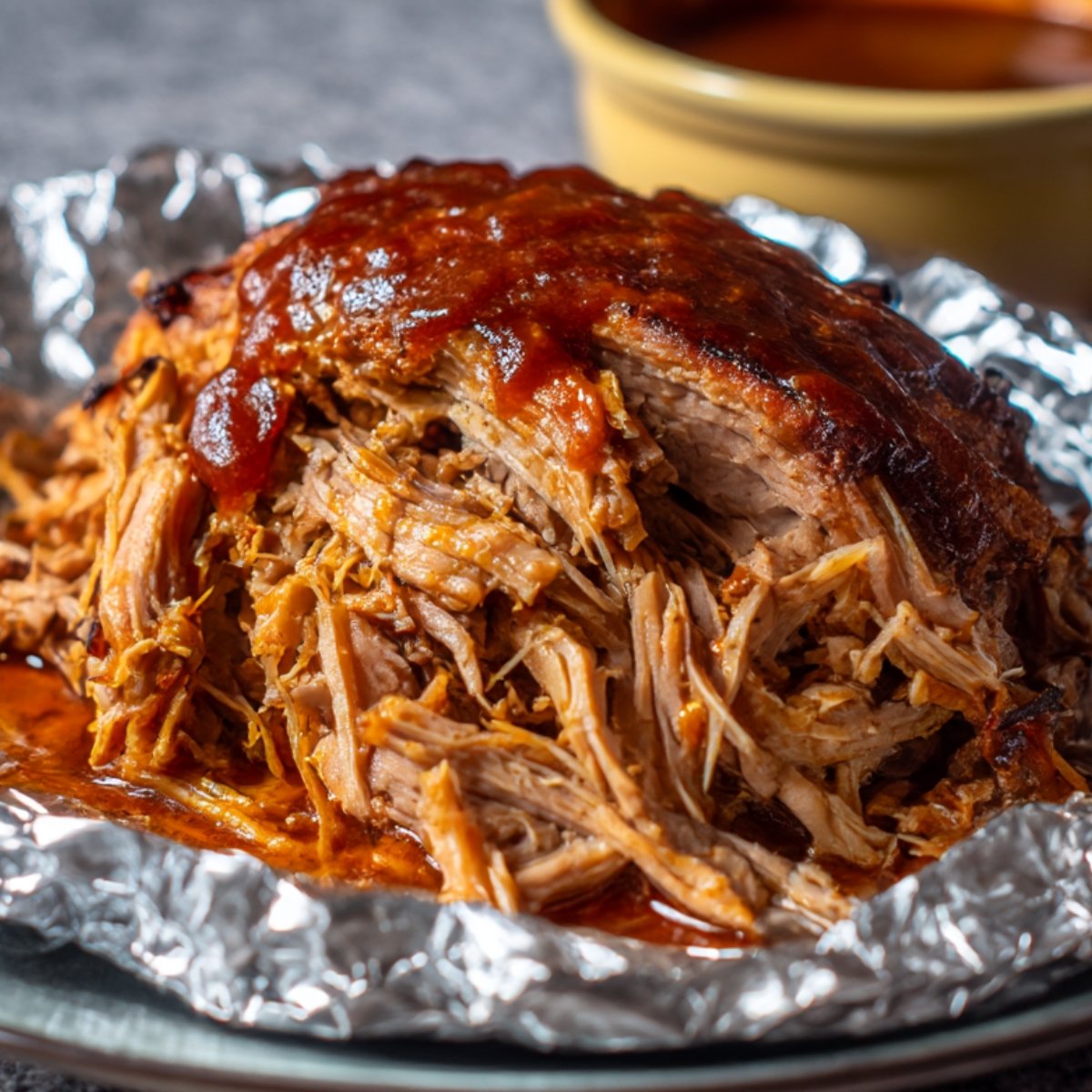 Close-up of shredded pulled pork topped with barbecue sauce, resting on foil with a small bowl of sauce in the background.