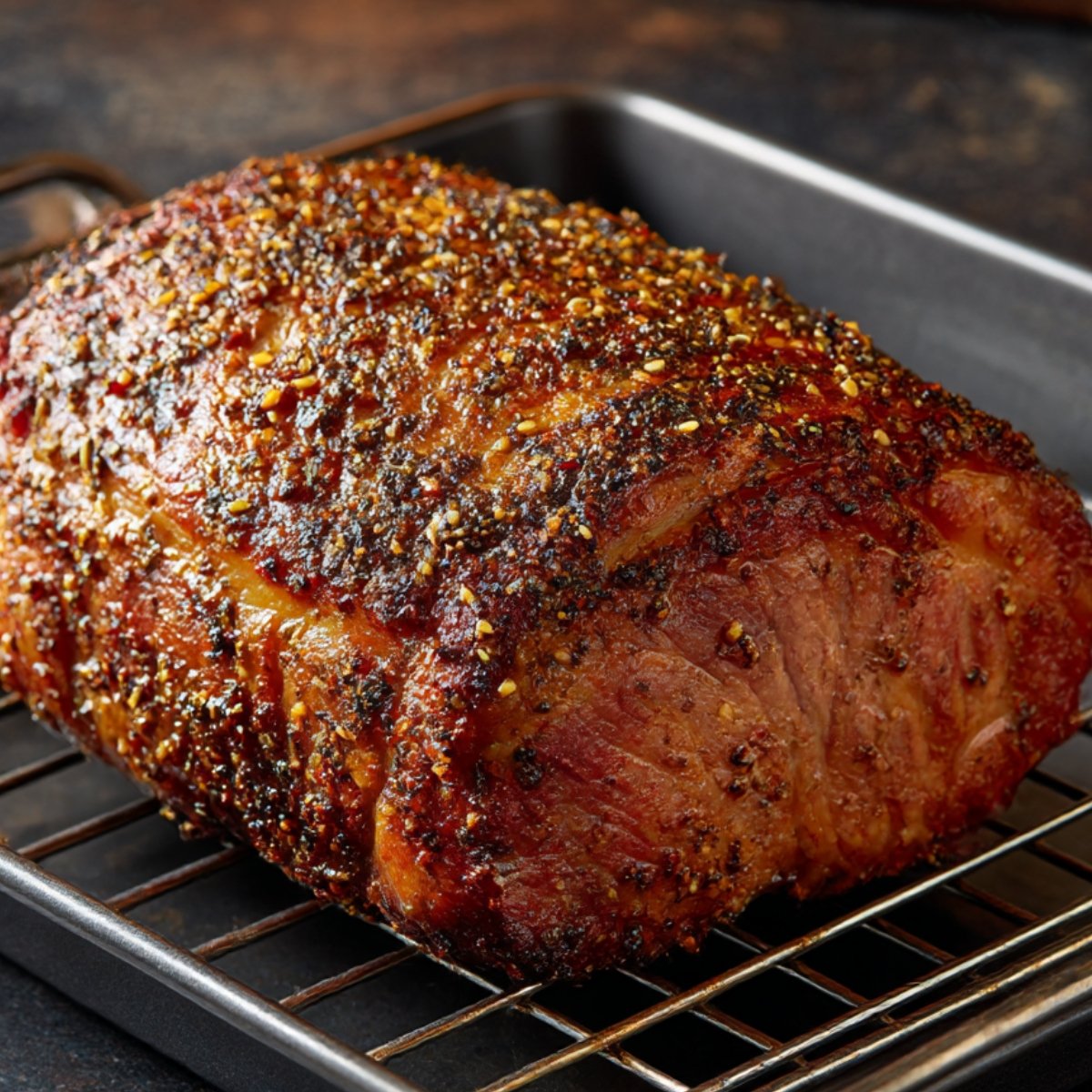 Seasoned roasted pork shoulder with a pepper and spice crust, placed on a wire rack over a roasting pan.