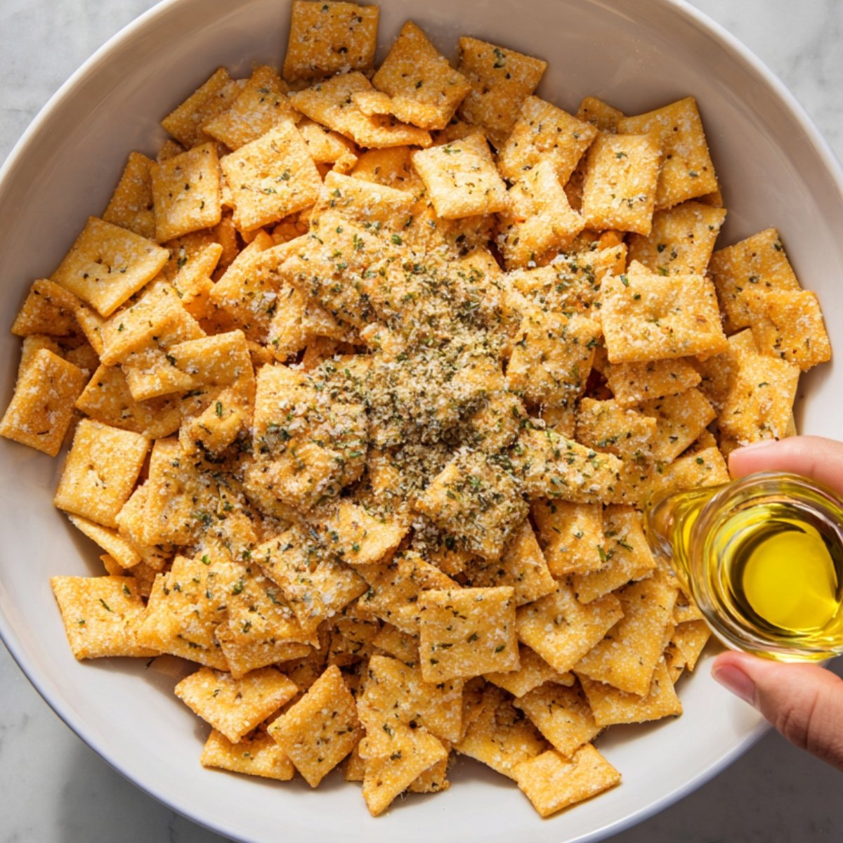 A white bowl filled with square cheese crackers topped with parmesan cheese, herbs, and spices, with a hand pouring olive oil over them.