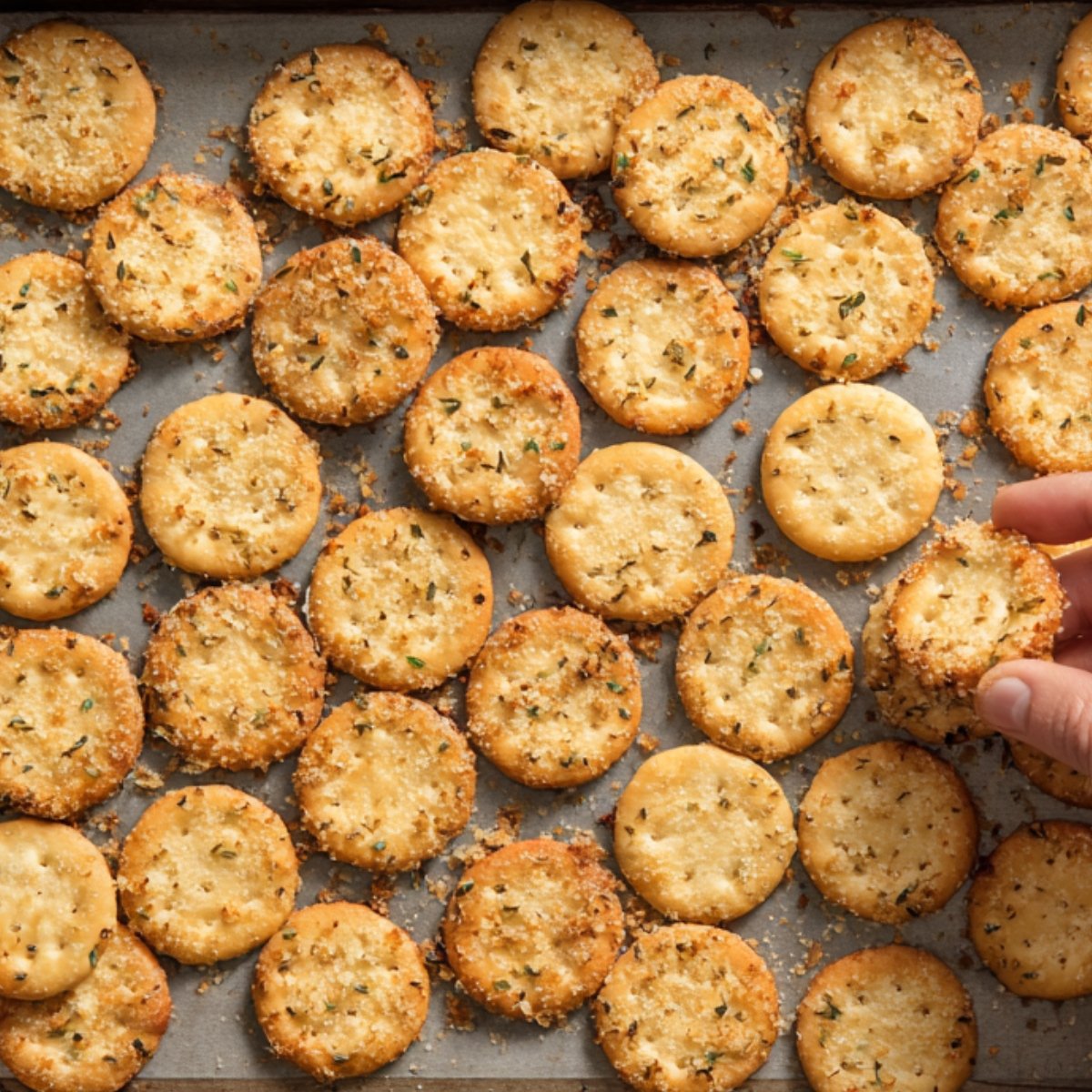 A tray filled with round buttery crackers coated in a savory mixture of herbs and parmesan cheese, with a hand picking up one cracker.