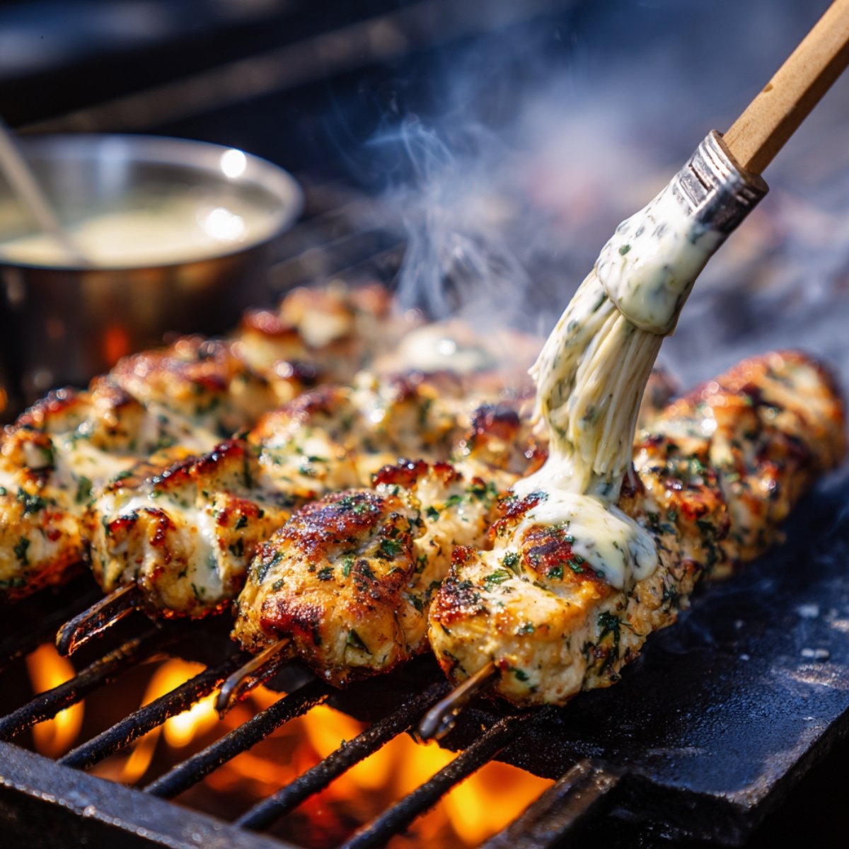 Chicken skewers being grilled over open flames while being brushed with creamy ranch garlic parmesan sauce, with a metal bowl of sauce in the background.