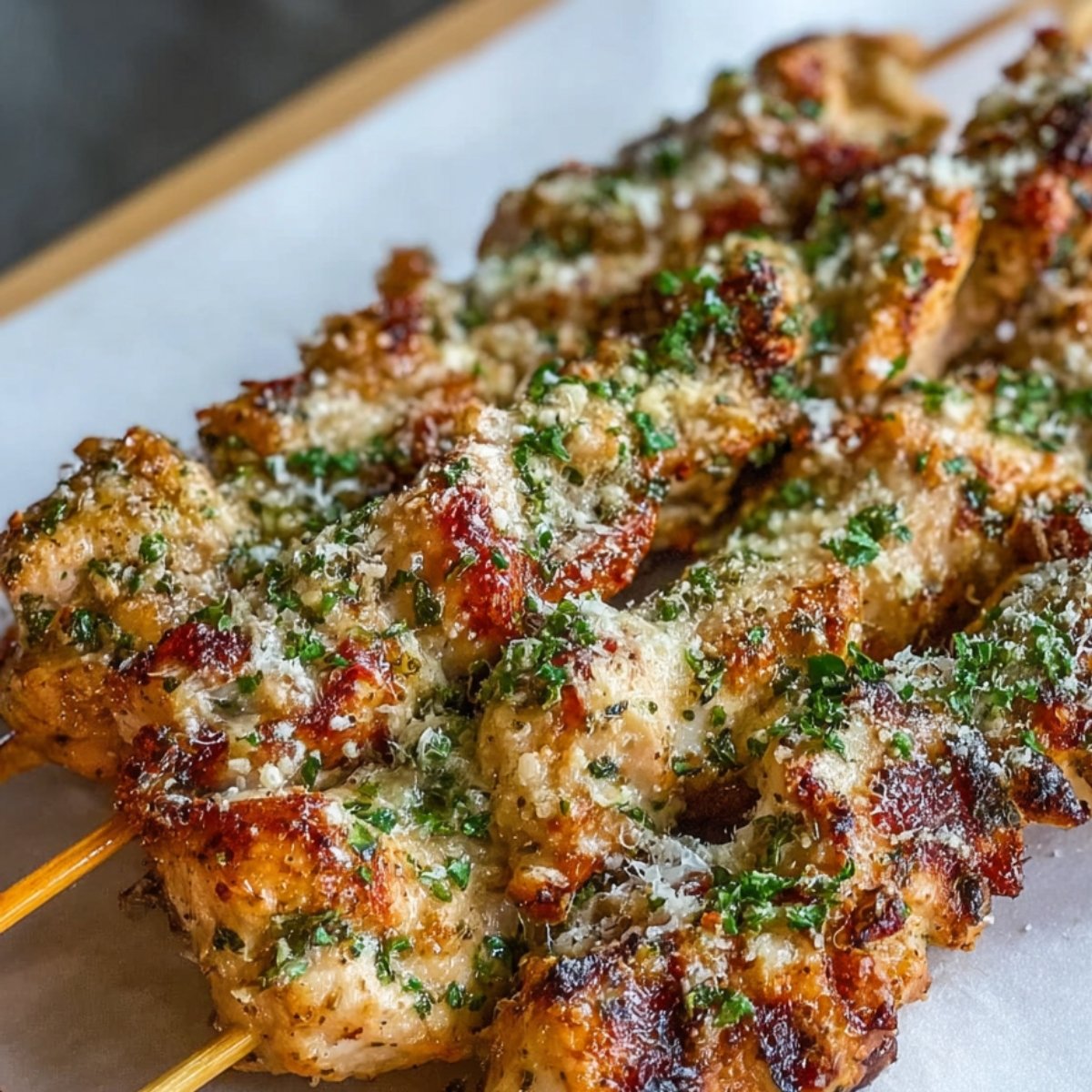 Close-up of grilled Ranch Garlic Parmesan chicken skewers topped with melted parmesan cheese and finely chopped parsley, served on parchment paper.