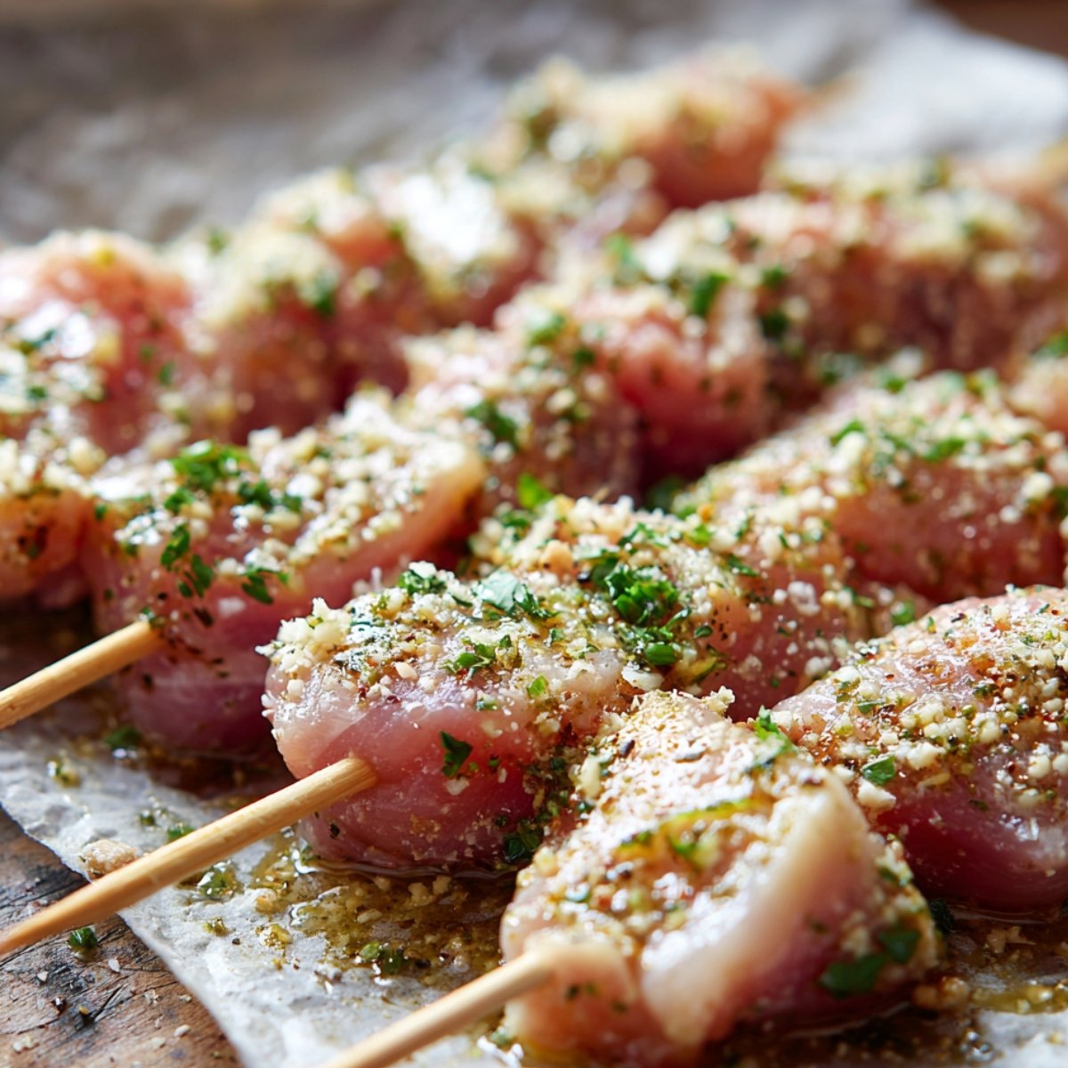 Raw chicken skewers seasoned with herbs, garlic, and parmesan, placed on parchment paper and ready to be grilled.