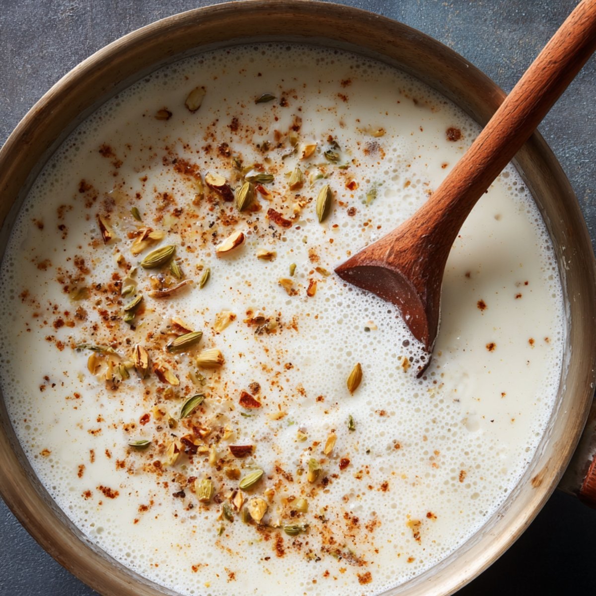 A pan of thickened milk (rabri) garnished with crushed nuts and cardamom, with a wooden spoon resting inside.