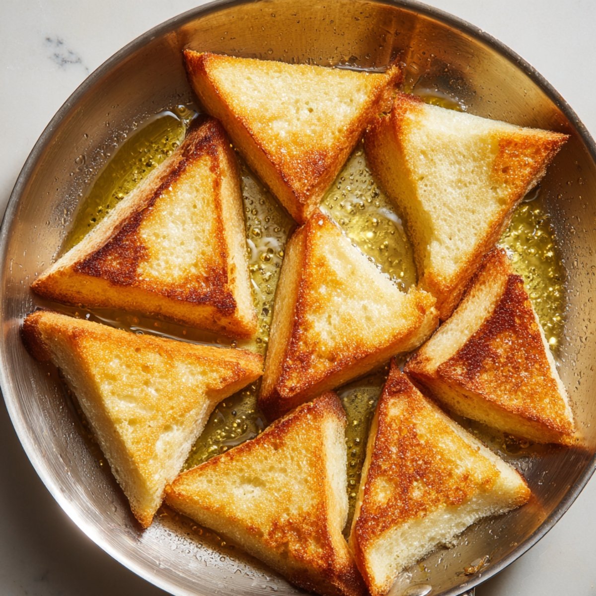 Triangular bread slices being shallow fried in ghee in a pan until golden brown.