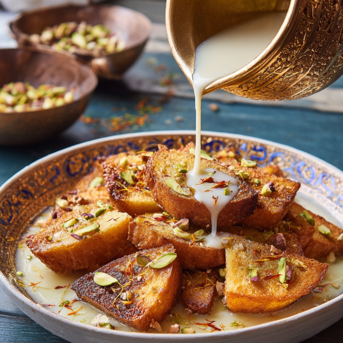 A plate of Shahi Tukda topped with chopped pistachios, almonds, and saffron strands, with thickened milk being poured over the fried bread pieces.