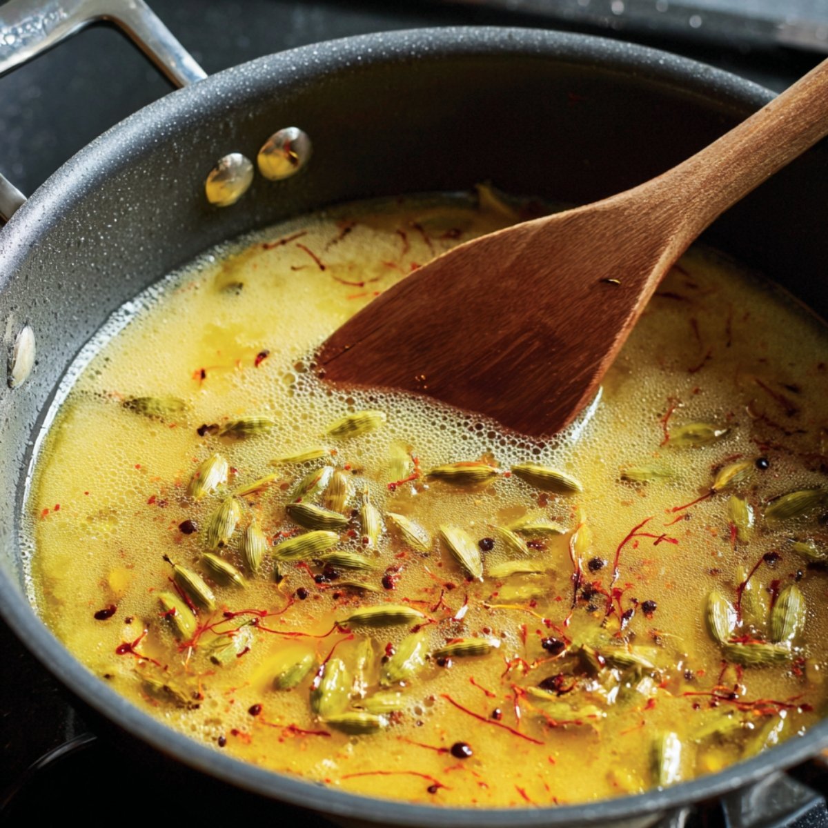 A pan with saffron-infused milk and whole cardamom pods being simmered with a wooden spatula inside.