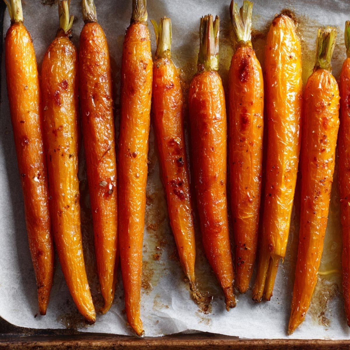 Even rows of golden roasted carrots with caramelized edges on a parchment-lined baking tray.
