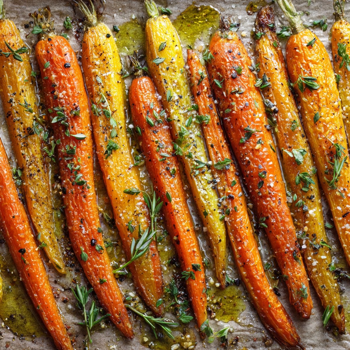 Colorful roasted orange and yellow carrots drizzled with olive oil, seasoned with fresh herbs, coarse salt, and cracked pepper on parchment paper.